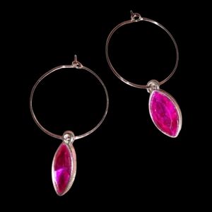 Pink Fuchsia Marquis Rhinestone Silver Hoops Crystal Steel Hoop Earrings KATTA